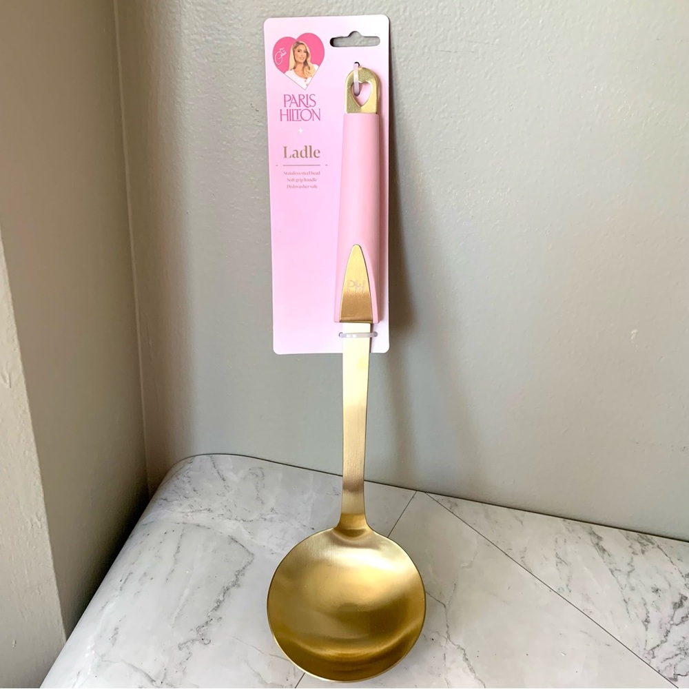 NWT PARIS HILTON Gold Tone Pink Stainless Ladle Serving Spoon W/Heart